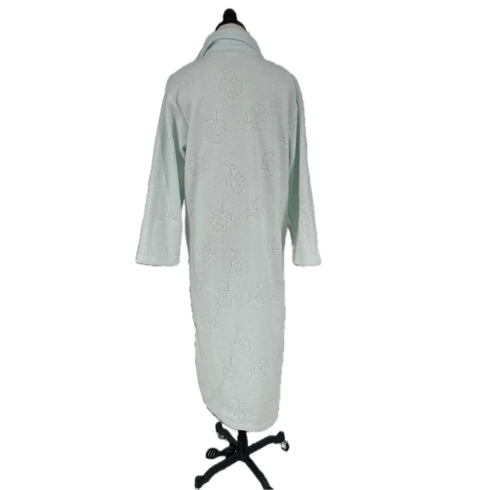 Miss Elaine Mint Green Floral Embossed Fleece Robe Zip Front Pockets Size‎ S